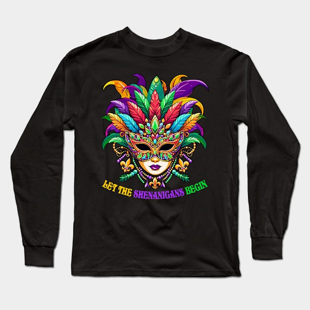 Let The Shenanigans Begin Mardi Gras Jester Mask Beads Women Long Sleeve T-Shirt by Mitsue Kersting